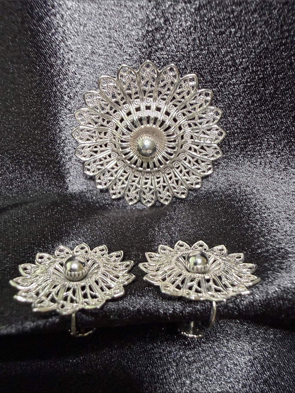 Vintage Silver Filigree Floral Brooch and Clip-On Earrings Set